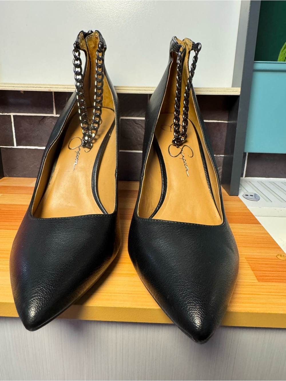 Jessica Simpson Black Pointed-Toe Pumps with Chain-Ankle Detail